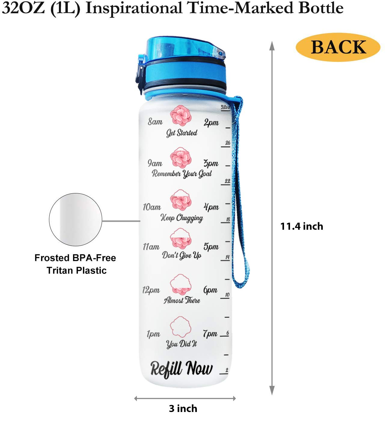 64HYDRO 32oz 1liter Rose Flower She Believed She Could so She Did Water Bottles with Time Marker, Motivational Water Tracker Bottle with Times to Drink for Home, Work, Gym, Fitness, Sports