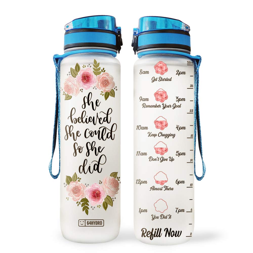 64HYDRO 32oz 1liter Rose Flower She Believed She Could so She Did Water Bottles with Time Marker, Motivational Water Tracker Bottle with Times to Drink for Home, Work, Gym, Fitness, Sports