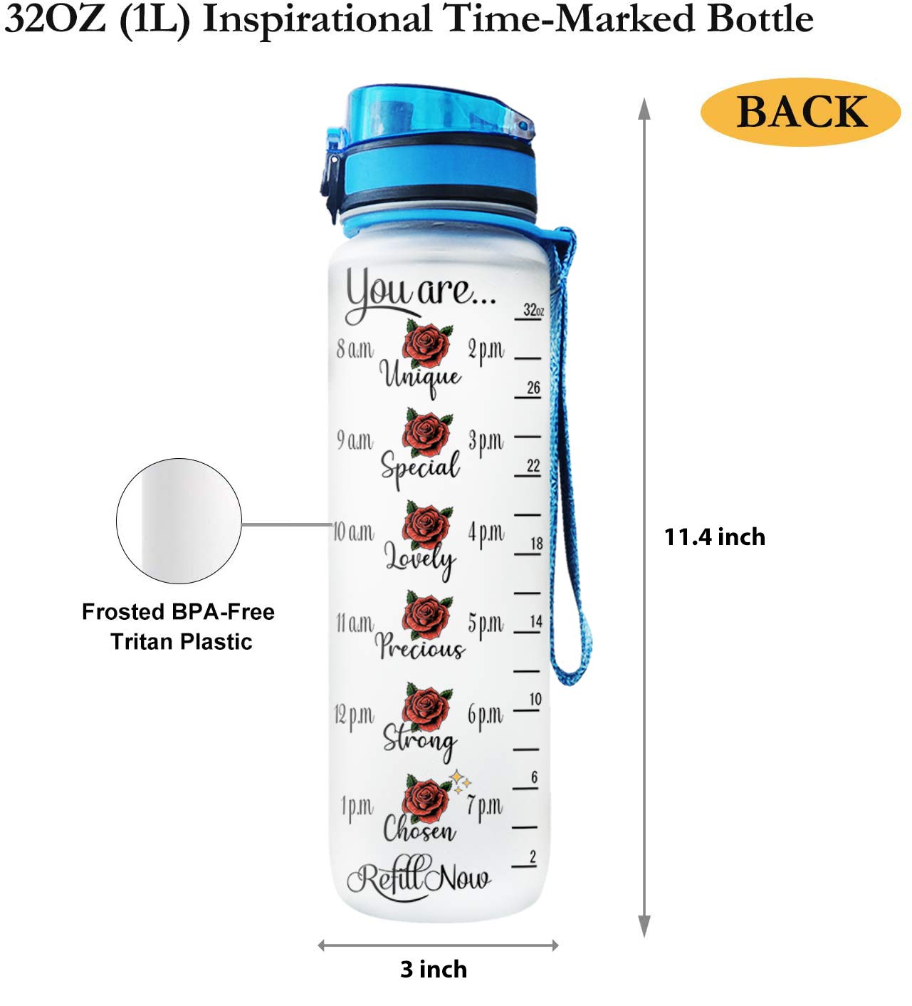 64HYDRO 32oz 1liter Rose Flower She Believed She Could so She Did Water Bottles with Time Marker, Motivational Water Tracker Bottle with Times to Drink for Home, Work, Gym, Fitness, Sports