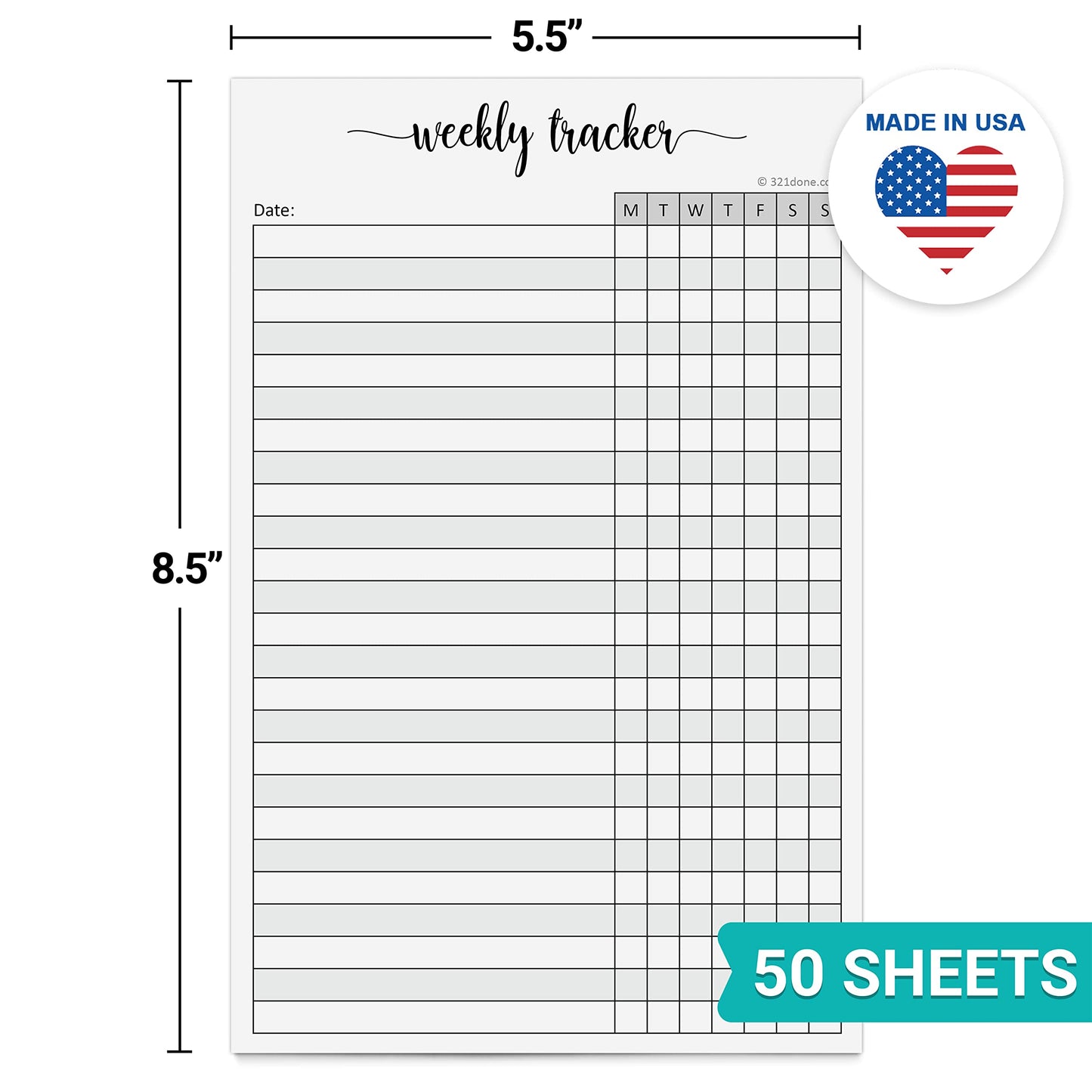 321Done Weekly Tracker Notepad - 50 Sheets (5.5" x 8.5") - Habit Tracking Days of Week Tear-Off Sheets, Planner Organizing - Made in USA - Simple Script