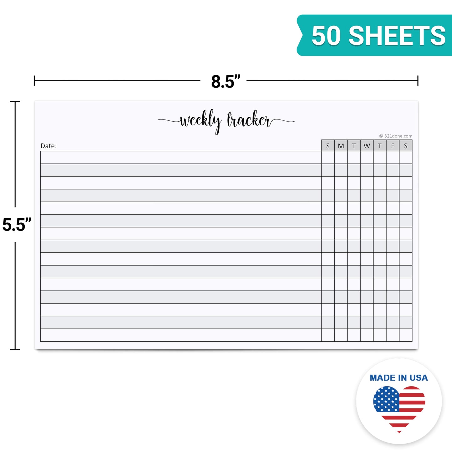 321Done Weekly Tracker Notepad - 50 Sheets (5.5" x 8.5") - Habit Tracking Days of Week Tear-Off Sheets, Planner Organizing - Made in USA - Simple Script