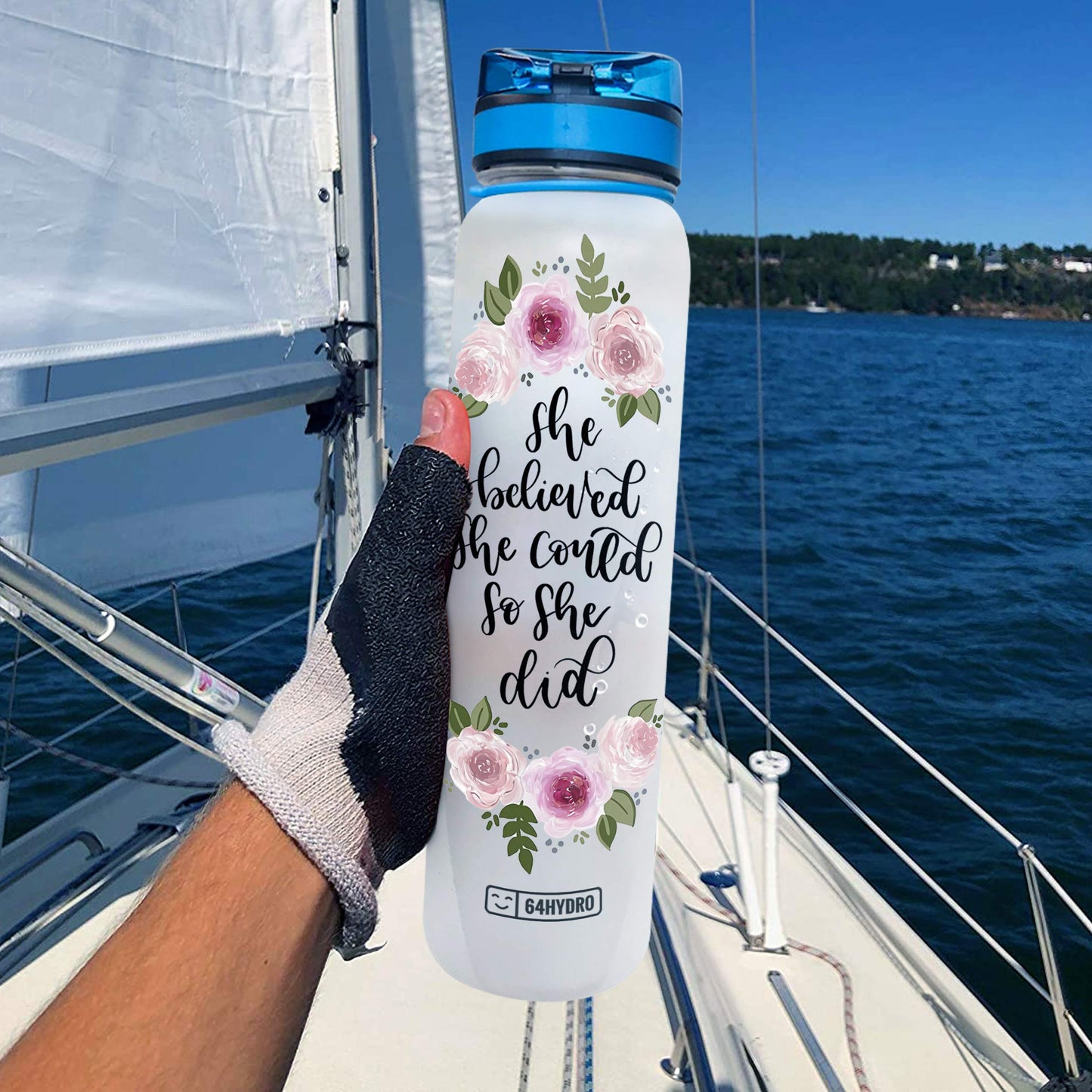64HYDRO 32oz 1liter Rose Flower She Believed She Could so She Did Water Bottles with Time Marker, Motivational Water Tracker Bottle with Times to Drink for Home, Work, Gym, Fitness, Sports